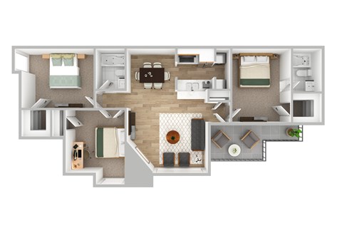 Floor plan for 3 beds, 2 baths, 1109 sqft